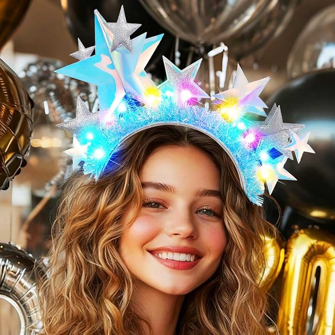 GORTIN Light up Star Headband Silver LED Headpiece Glowing Star Rave Hair Accessories for Women