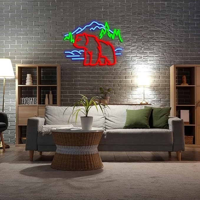 Bear Neon Sign for Wall Decor Dimmable Mountain LED Neon Light Bear Mountains Neon Light Signs Powered by USB for Living Room Hotel Zoo Neon Decor(16.5”*12.6”)
