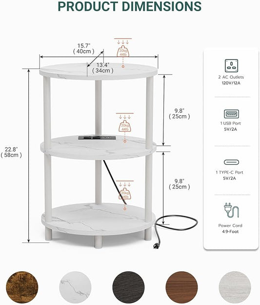 Small Round Side Table - 3-Tier Oval Accent Table for Small Spaces, Rustic Wood and Metal Nightstand for Living Room or Bedroom, with Built-in USB Ports and Power Outlet, Marble White