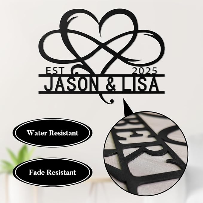 Custom Metal Infinity Heart Name Sign - Custom Sign Monogram with EST Date - Romantic Wedding, Anniversary, Engagement, Newlywed Gift - Rustic Metal Wall Art Decor, Bedroom, Home Decor