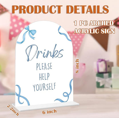 Drinks Please Help Yourself Sign - Blue Bow Baby Shower Sign, 1 Pack Arch Acrylic Sign with Stand, Gender Reveal Party Table Decor, Blue Baby Shower Supplies (SP10)