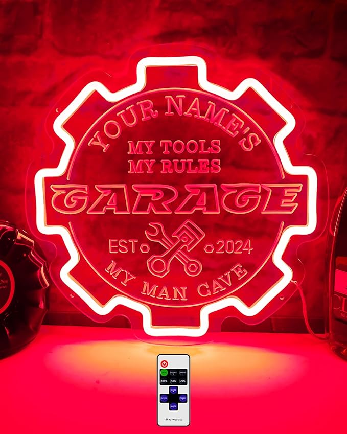Custom Garage Neon sign for Wall Decor with Timing Remote, Personalized Gear Garage LED Neon Light for Man Cave, Home Bar, Workshop, Son Dad Birthday Gift RED