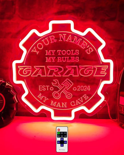 Custom Garage Neon sign for Wall Decor with Timing Remote, Personalized Gear Garage LED Neon Light for Man Cave, Home Bar, Workshop, Son Dad Birthday Gift RED