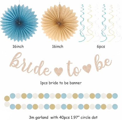 Beige-Champagne-Blue Boho Bachelorette Party-Decorations - 21pcs Women Bridal Shower Banner Garland,Bride To Be Paper Streamers Lanterns,Flower Tissue Pom Poms Fan Favors Wedding Decor Huglony