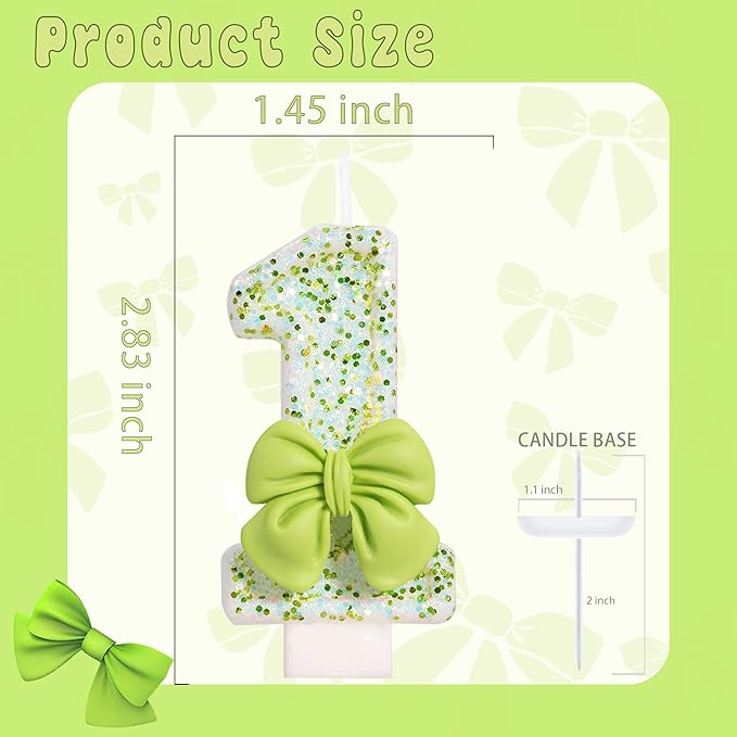 Birthday Candle for Cake, Green Bow Number Cake Candles, 2.76 inch Cake Topper Decoration for Birthday Party (Number 1)