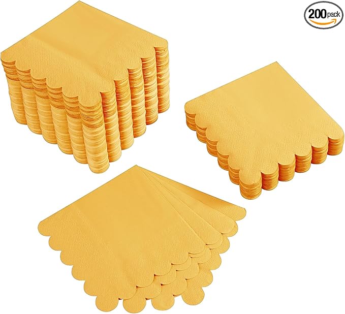 200 Pack Cocktail Napkin 2-Ply Scalloped Edged Dessert Napkins Folded 5 x 5 Inches Disposable Napkins for Dinner Wedding Birthday Party Bridal Anniversary Reception Event (Yellow)