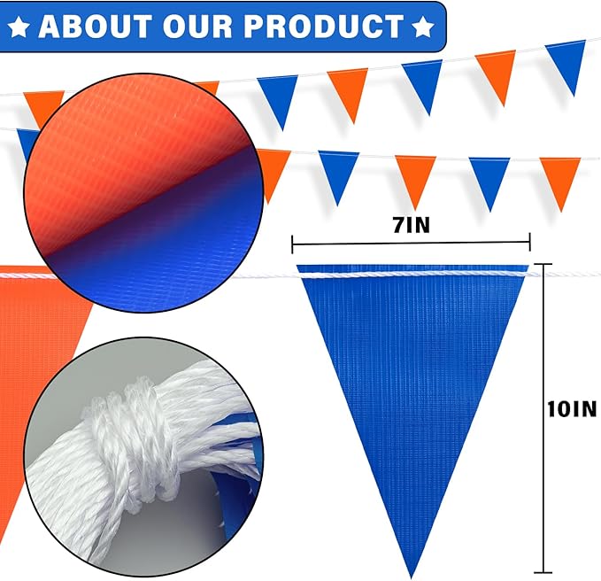 105ft Pennant Banner Flag, 7"x10" Fluorescent Orange and Blue Safety Flagging Banner Warning Flag for Construction Site/Traffic Control/Boundary Barrier Signs, Perimeter Marking Flags on String, 45 Flags