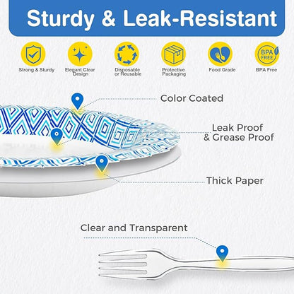 Charmount 300Pcs Paper Plates 8.5 Inch Bulk, 150 Disposable Plates with 150 Clear Plastic Forks, Soak-Proof Tableware for Daily Use, Breakfast, Lunch, Dinner, Party, Camping