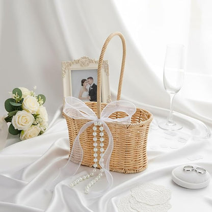1 Pcs Wicker Rattan Flower Girl Basket with Bows and Pearl 11.8x8.7x5.1 Inches Rustic Wedding Basket for Flower Girl, Hand Woven Willow Storage for Ceremonies Home Decoration (Waisted)