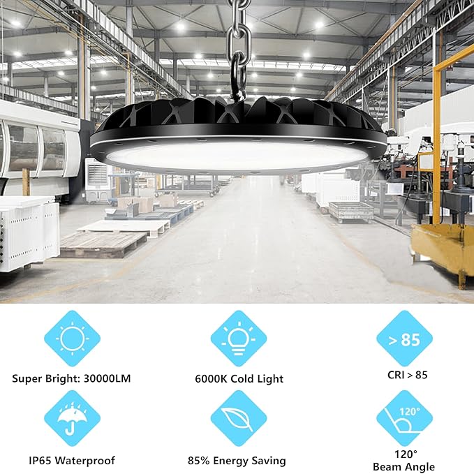 10 Pack LED High Bay Light 300W 30000LM, UFO LED Shop Light with 4ft Plug Cable, 6000K Commercial Bay Lighting, IP65 Waterproof for Warehouse Workshop