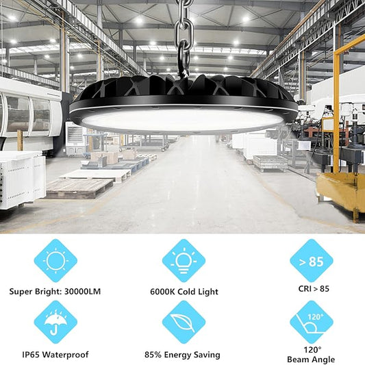 10 Pack UFO LED High Bay Light 100W, 10000LM LED Shop Light with 4ft 110V Plug Cable, 6500K Bay Lighting IP65 Waterproof for Barn/Garage