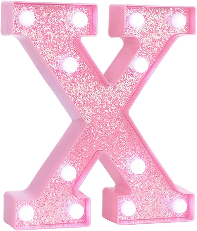 Pink LED Marquee Light Up Letters, Glitter Alphabet Letter Lights for Birthday Party Decorations, Battery Operated Letter Signs for Girls Room Table Decor, Pink letter X with Cool White Lights
