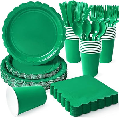 Vyntra 350 PCS Disposable Plates for Party, Paper Plates & Napkins Set with Cups, Knives, Forks, Spoons, 7'' Dessert and 9'' Dinner Plates for Birthday, Christmas, St. Patrick's Day - Green