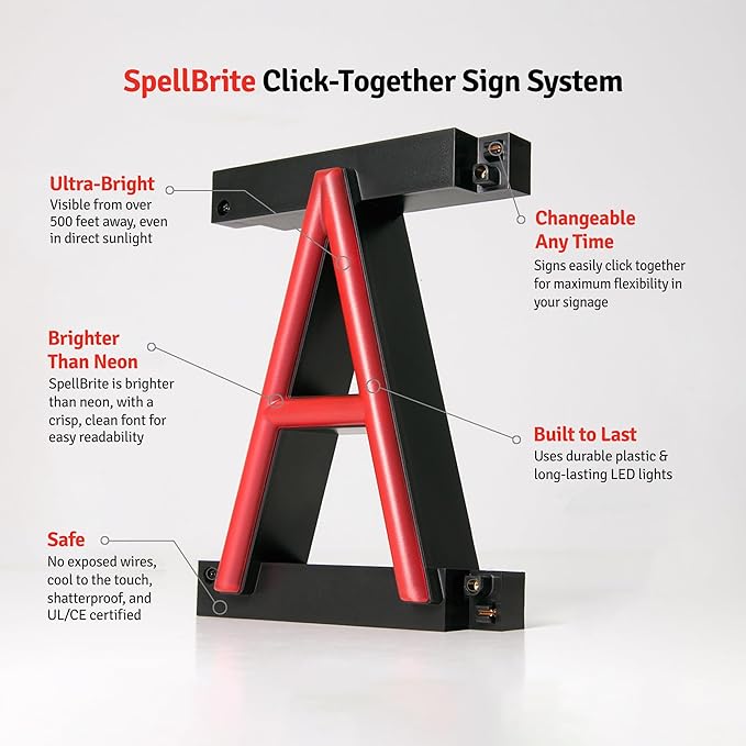 SpellBrite Custom Signs for Business | Custom Neon Sign Look, LED Light Source | Changeable 6.3" LED Letters (1 row, 5 characters)