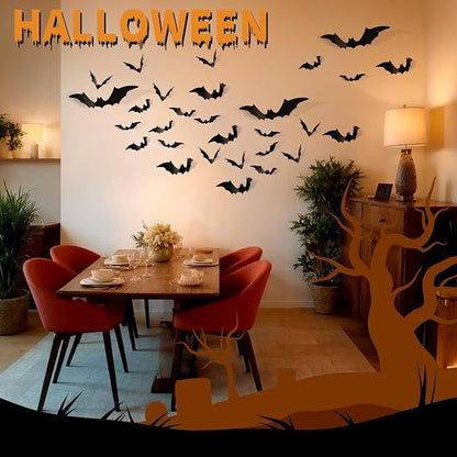 FANDAMEI 140PCS Bats Halloween Decoration, 5 Sizes Bats Wall Decor Party, 3D Bat Wall Decor for Halloween Decorations Indoor Outdoor. Black Sticky Bats Home, Bat Stickers for Window(140PCS)