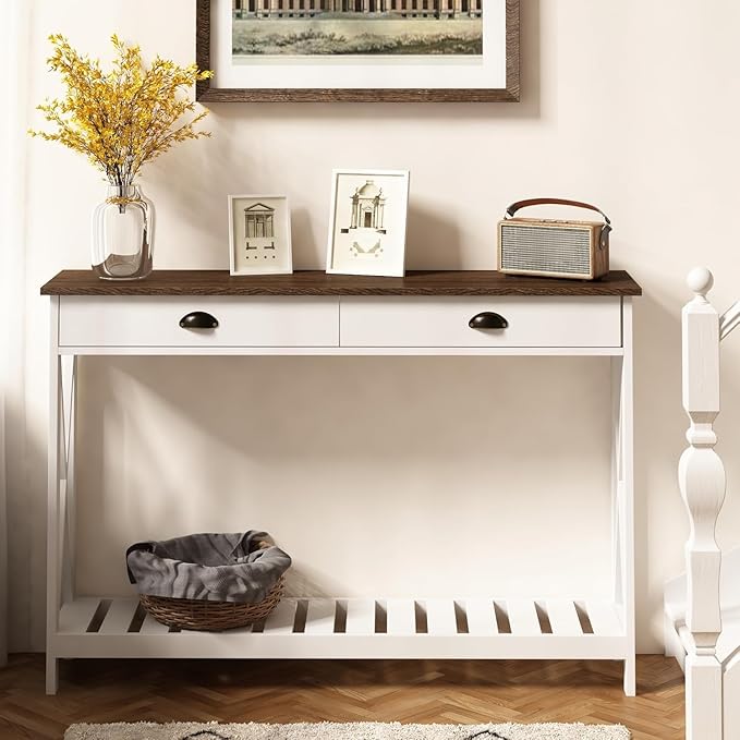 ChooChoo 47" Farmhouse Console Table with Drawer for Entryway, Narrow Long Entry Table with Shelf for Living Room, Rustic Vintage Hallway Sofa Table with Stable X Supports, White