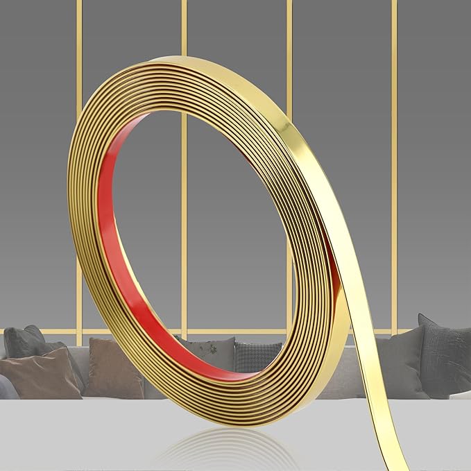 Glossy Gold Peel and Stick PVC Molding Trim, Flexible DIY Wall Accent Strip for Mirror Frame, Cabinet, Edges & Borders and Tiles (394''L x 0.4''W)