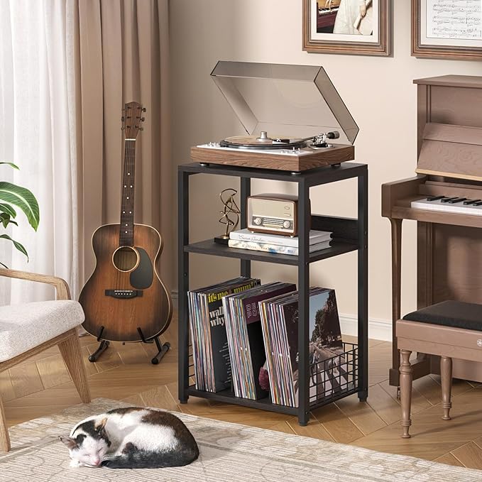 LELELINKY Large Rustic Grey Record Player Stand, 3 Tier 18" Wide Big End Table with Vinyl Storage Up to 130 Albums, Industrial Turntable Printer Tables, Modern Side Tables for Living Room, Office