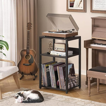 LELELINKY Large Rustic Grey Record Player Stand, 3 Tier 18" Wide Big End Table with Vinyl Storage Up to 130 Albums, Industrial Turntable Printer Tables, Modern Side Tables for Living Room, Office