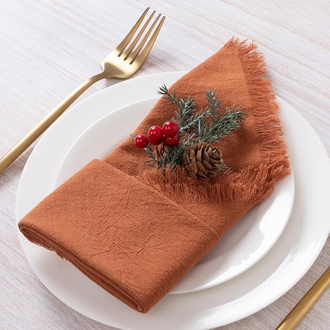 12 Pack Terracotta Cotton Linen Napkins with Fringe Christmas Cloth Napkins Set of 12 Boho Handmade Holiday Napkins Bulk for Wedding Baby Shower Parties, 17 x 17 Inches