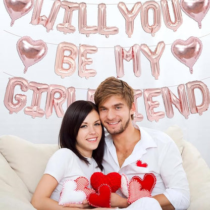 16 Inch Rose Gold Will You Be My Girlfriend Balloons-16 Inch Foil Letters Balloon Rose Gold Heart Balloon Valentines Day Balloons for Wedding Engagements Proposals Party Decorations