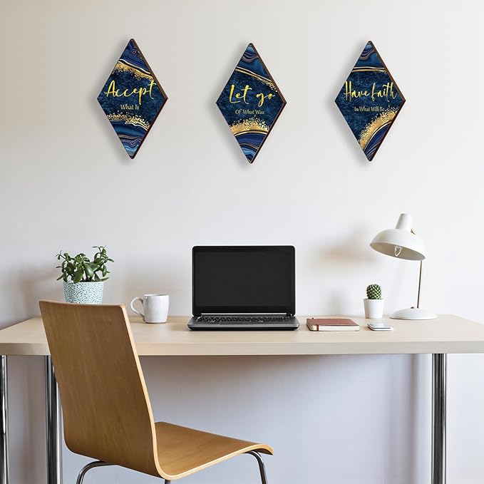 3Pcs Blue And Gold Bathroom Decor Gold Wall Decor with Accept Let Go Have Faith Quote Rustic Vintage Farmhouse Wooden Hanging Signs for Women Home Laundry Living Bedroom(12x7)