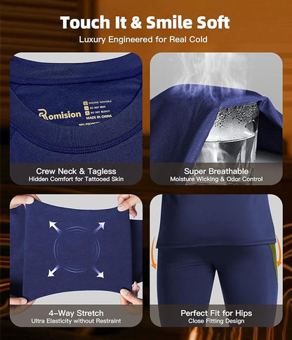 romision 2 Pack Thermal Underwear for Men Long Johns Fleece Lined Hunting Gear Bottom Top Set Base Layer Cold Weather XS-4XL