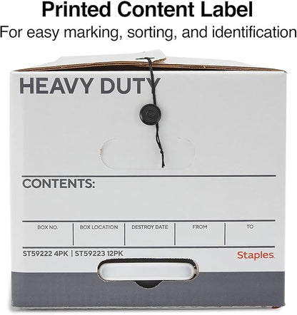 STAPLES Storage & Filing Box, Heavy-Duty with Handles & String-Button Lid, Letter Size Documents, Stackable, 4-Pack, White/Gray