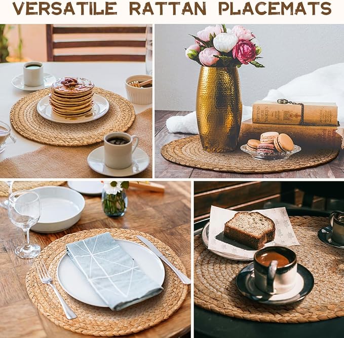 13 in Woven Placemats Plate Chargers Set of 8, Boho Farmhouse Rustic Round Place Mats for Dinner Plates, Rattan Wicker Table Mats Chargers for Dining Table Decor