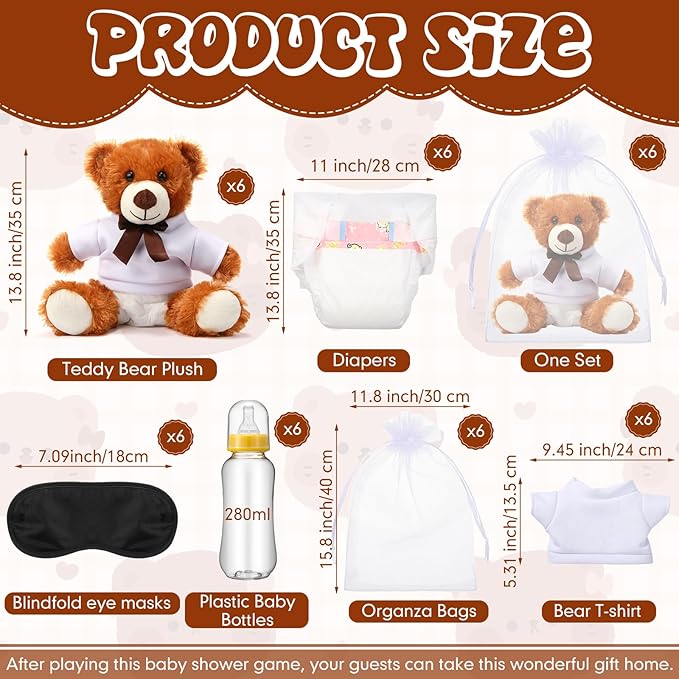 Soulchen 6 Set Bear Blindfolded Diaper Changing Baby Shower Games 14 Inch Bear Plushes with Dolls Diapers Bottles Shirts for Gender Reveal Bridal Shower Game Prize Gift Guest Adult(Khaki,Brown,Beige)