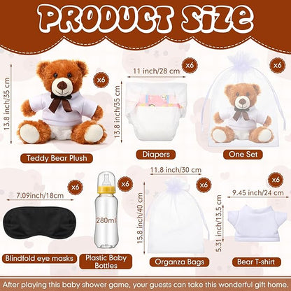 Soulchen 6 Set Bear Blindfolded Diaper Changing Baby Shower Games 14 Inch Bear Plushes with Dolls Diapers Bottles Shirts for Gender Reveal Bridal Shower Game Prize Gift Guest Adult(Khaki,Brown,Beige)