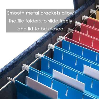 PRANDOM File Organizer Box - Set of 1 Collapsible Decorative Linen Filing Storage Hanging File Folders with Lids Office Cabinet Letter Size Navy Blue (14x9.3x10.8 inch)