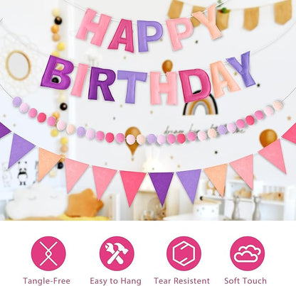 CANREVEL Pre-Strung 3D Happy Birthday Banner, 3 PCS Pink and Purple Happy Birthday Felt Garland, Pom Pom Garland, Triangle Fabric Bunting, Reusable Purple and Pink Decorations for Girls Women