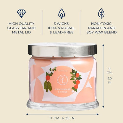 PartyLite Wild Rhubarb & Citrus Scented, Notes of Jasmine, Rhubarb and Creamy Sandalwood and White Musk, 13.2oz 3-Wick Jar Candle, 45 Hour Burn Time, Luxurious Fragrance, Ideal for Gifting