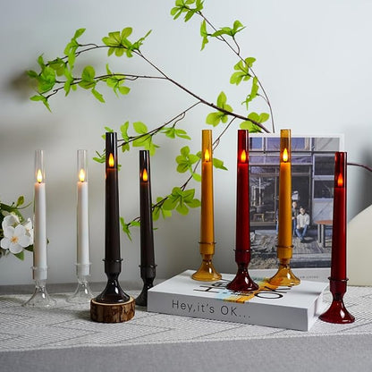 Lezonic Flameless Windows Candles Battery Operated with Timer Remote, 6Pcs Grey Acrylic Flameless Candlesticks with Holders, LED Taper Candles Flickering for Halloween Christmas, 0.8 x 8 inches