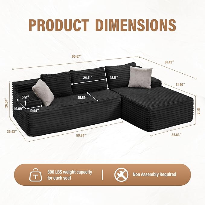 Hobestluk Modular Sectional Sofa Couches L-Shape Couch 3 Seat Modular Sofa Memory Foam Sectional Couches for Living Room, Cloud Couch with Oversized Chaise (96" Right Facing Chaise)