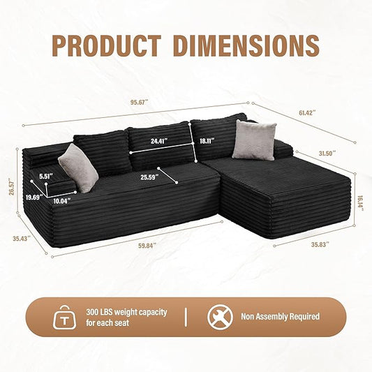 Hobestluk Modular Sectional Sofa Couches L-Shape Couch 3 Seat Modular Sofa Memory Foam Sectional Couches for Living Room, Cloud Couch with Oversized Chaise (96" Right Facing Chaise)