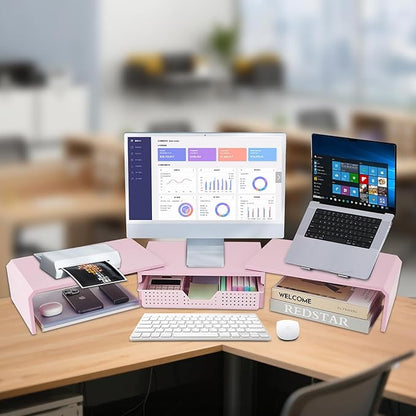 Dual Monitor Stand Riser with Drawer, Desk Organizer and Accessories, Pink Monitor Stand for Desk, Desktop Stand for Computer, Laptop, TV and More (Pink)