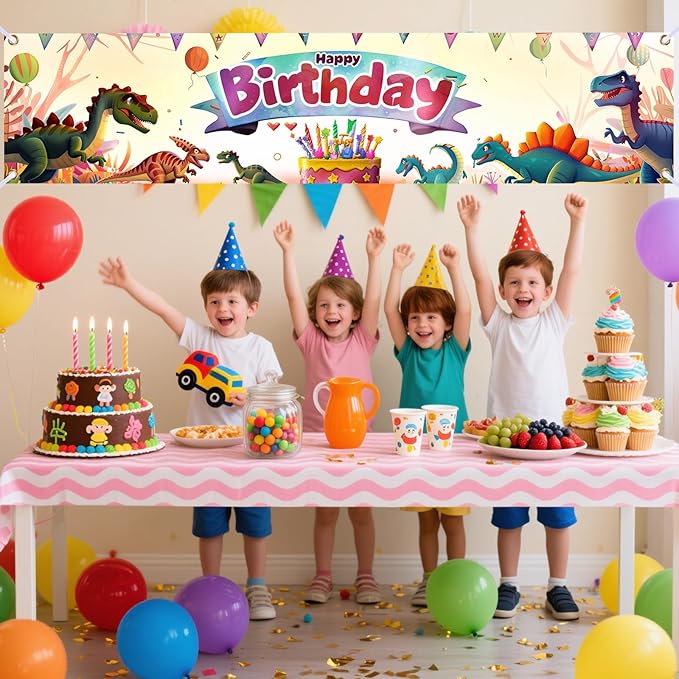 Nuxovilar Happy Birthday Banner Decorations 17.72x78.74 Inch Dinosaur Theme - Polyester for Indoor Outdoor Birthday Party Decor