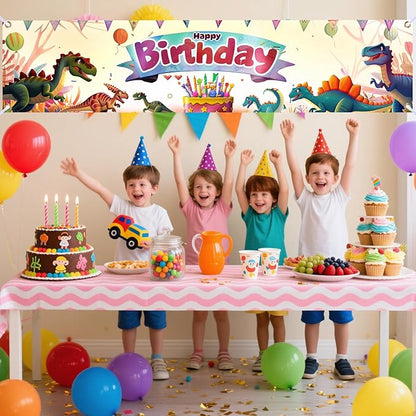 Nuxovilar Happy Birthday Banner Decorations 17.72x78.74 Inch Dinosaur Theme - Polyester for Indoor Outdoor Birthday Party Decor