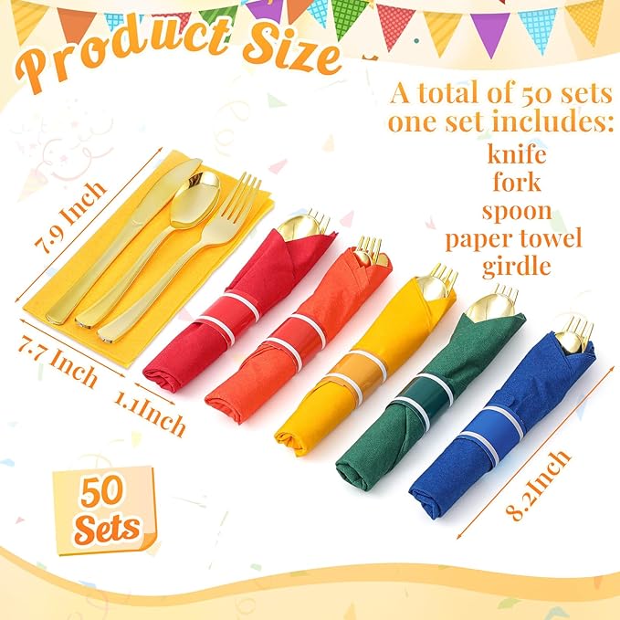 Lasnten 50 Pcs Pre-rolled Gold Plastic Silverware Set Colorful Disposable Plastic Cutlery Set with Napkins for Birthday Wedding Rainbow Mexican Party Outdoor Activity Gay Pride Party