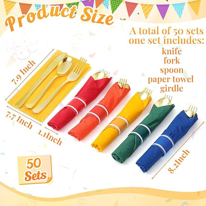 Lasnten 50 Pcs Pre-rolled Gold Plastic Silverware Set Colorful Disposable Plastic Cutlery Set with Napkins for Birthday Wedding Rainbow Mexican Party Outdoor Activity Gay Pride Party