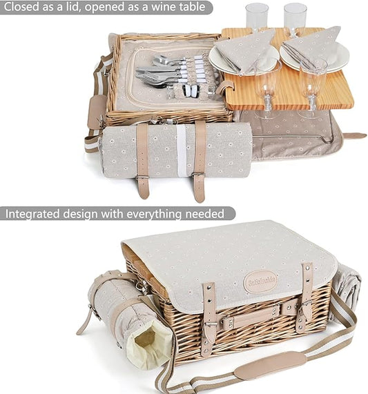 Multifunctional Wicker Picnic Basket Set for 4 with Blanket and Picnic Table, Insulated Picnic Set with Full Tablewares for Camping Outdoor Couples, Flowers