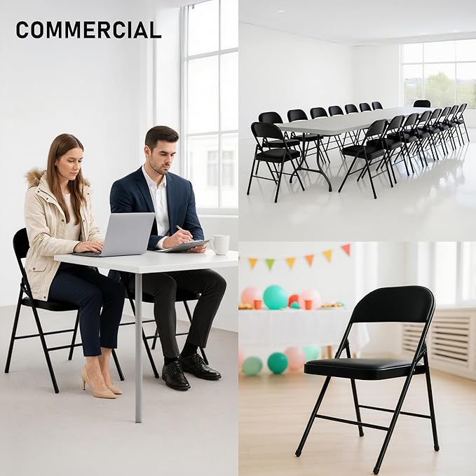 SEALAMB 4 Pack Black Folding Chairs with Padded Seats & Cushion, Durable Metal Foldable Chairs for Wedding Party, Commercial Chairs for Office School Church Events, 330lb Capacity (Black-PU, 4 Pack)