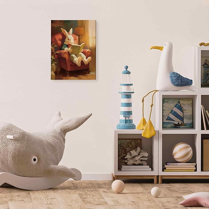 TLESKE Funny Reading Bunny Rabbit Wall Art Decor, Bunny Rabbit Canvas Wall Art Print for Reading Nook Reading Corner Bedroom Living Room, Easter Bunny Wall Artwork Picture, 11x14