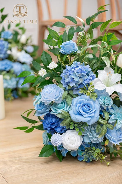 TINGE TIME Free-Standing Artificial Flower Set of 2, Table Centerpiece with Rubber Pad, Silk Fake Flower for Wedding Centerpiece Archway Aisle Welcome Entrance (Provence Blue)