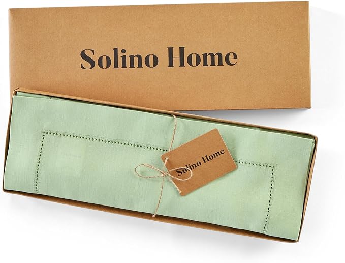 Solino Home Linen Cloth Placemats Set of 4-100% Pure Linen Hemstitch Light Green Placemats 14 x 19 Inch - Classic Hemstitch Table Place Mats