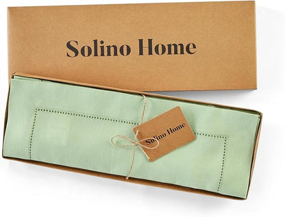 Solino Home Linen Cloth Placemats Set of 4-100% Pure Linen Hemstitch Light Green Placemats 14 x 19 Inch - Classic Hemstitch Table Place Mats