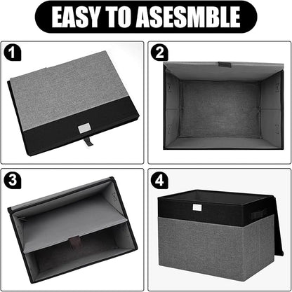 Large 17" 42 Quarts Collapsible Stackable Storage Bins with Lids [3-Pack] Foldable Fabric Linen Storage Boxes Cube, Closet Organizer Baskets with Label for Home (16.7 x 12 x 12", Black & Gray)