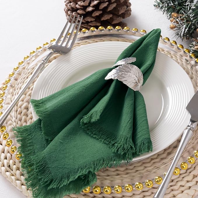 12 Pack Dark Green Cotton Linen Napkins with Fringe Christmas Green Cloth Napkins Set of 12 Boho Handmade Holiday Napkins Bulk for Wedding Baby Shower Christmas, 17 x 17 Inches